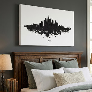 Chicago City Skyline Waterverf Zwart-wit Canvas Afdruk