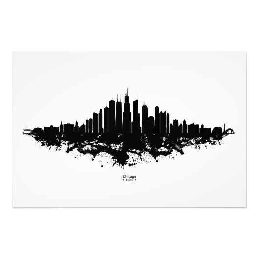 Chicago City Skyline Waterverf Zwart-wit Foto Afdruk (Voorkant)