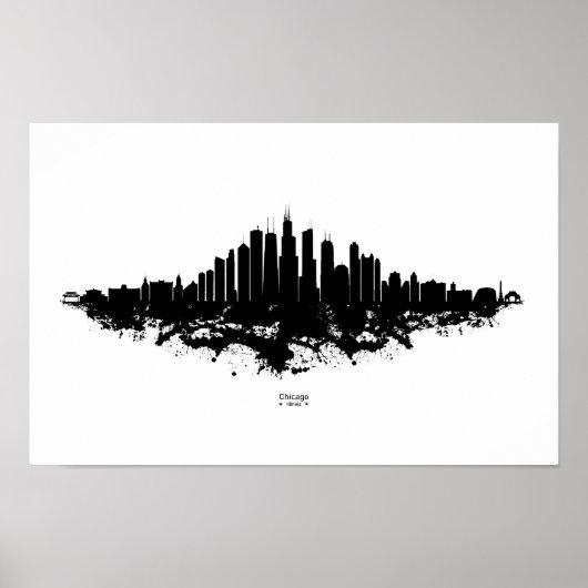 Chicago City Skyline Waterverf Zwart-wit Poster (Voorkant)