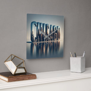 Chicago City Waterreflectie Vierkante Klok