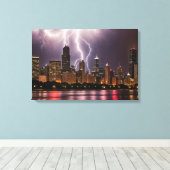 Chicago City wolkenkrabbers met bliksem Canvas Afdruk (Insitu (Houten vloer))
