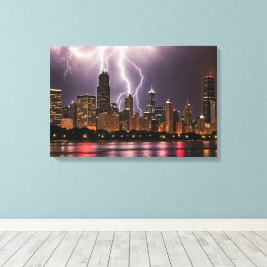 Chicago City wolkenkrabbers met bliksem Canvas Afdruk (Insitu (Houten vloer))