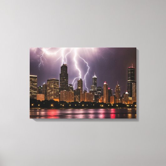 Chicago City wolkenkrabbers met bliksem Canvas Afdruk (Voorkant)