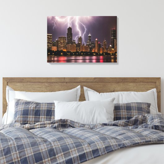 Chicago City wolkenkrabbers met bliksem Canvas Afdruk (Insitu (Slaapkamer))