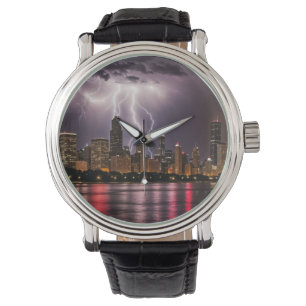 Chicago City wolkenkrabbers met bliksem Horloge