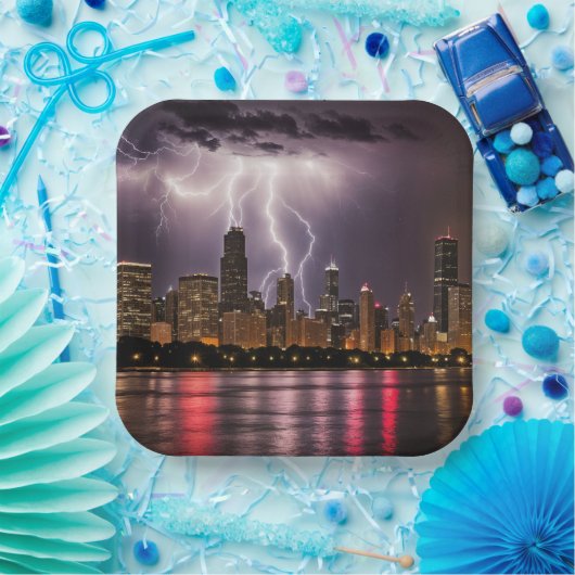 Chicago City wolkenkrabbers met bliksem Papieren Bordje (Feest)