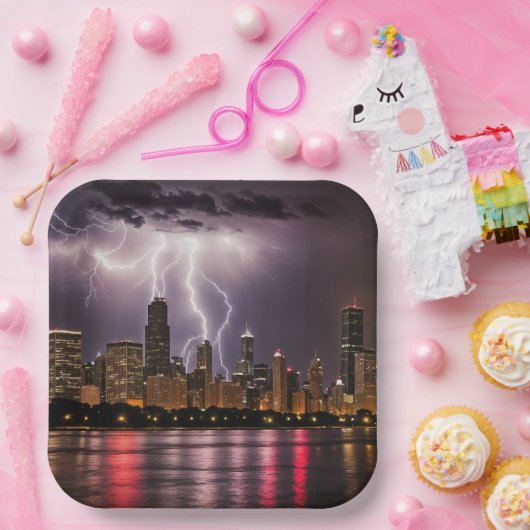Chicago City wolkenkrabbers met bliksem Papieren Bordje (Feest)