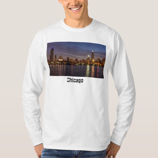 Chicago Cityscape Night Long hoeve T-Shirt (Voorkant)