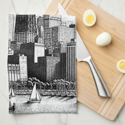 Chicago Cityscape Zwart Wit Theedoek (Quarter Fold)