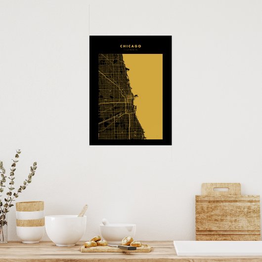Chicago Dark Gold City Map Poster (Keuken)