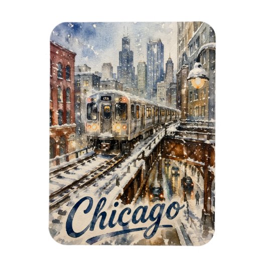 Chicago El Trein in de Wintersneeuw Magneet (Verticaal)