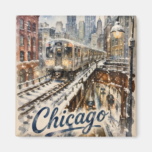 Chicago El Trein in de Wintersneeuw Magneet (Voorkant)