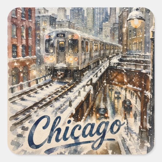 Chicago El Trein in de Wintersneeuw Vierkante Sticker (Voorkant)