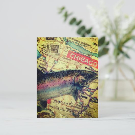 Chicago Fish Map Mixed Media Collage Briefkaart (Staand voorkant)