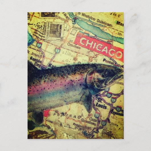 Chicago Fish Map Mixed Media Collage Briefkaart (Voorkant)