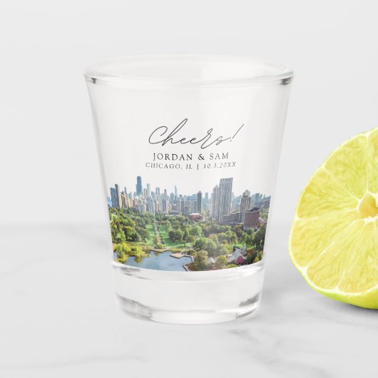 Chicago Foto Huwelijksgunst Cheers Shot Glass Shot Glas (Voorkant)