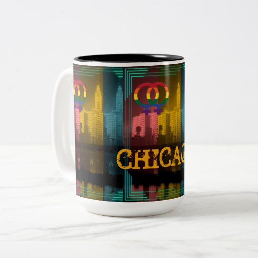 Chicago Gay Lesbian Interest Rainbow Wrigley Bldg Tweekleurige Koffiemok (Voorkant links)