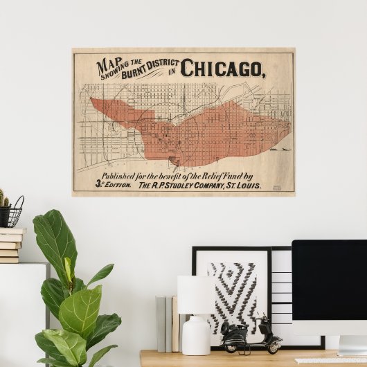  Chicago Great Fire Map, 1871 Poster (Thuiskantoor)