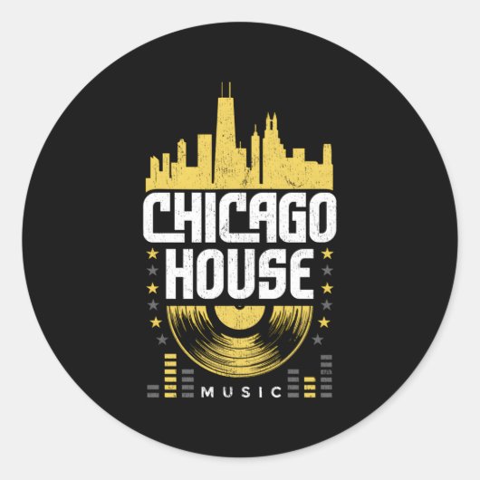 Chicago House Music Vinyl Dj Raver Flag Skyline Ronde Sticker (Voorkant)