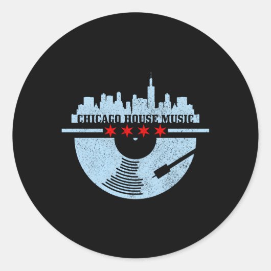 Chicago House Music Vinyl Dj Raver Flag Skyline Ronde Sticker (Voorkant)