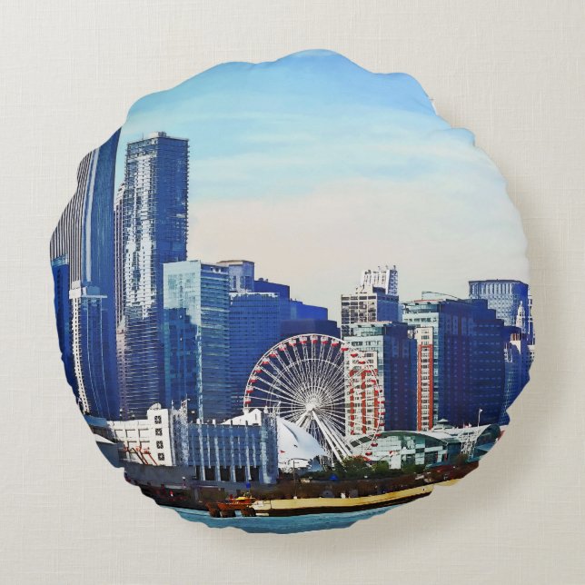 Chicago IL - Chicago silhouet en Navy Pier Rond Kussen (Achterkant)