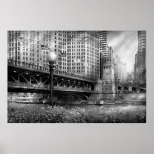 Chicago, IL - DuSable Bridge gebouwd in 1920 - BW Poster