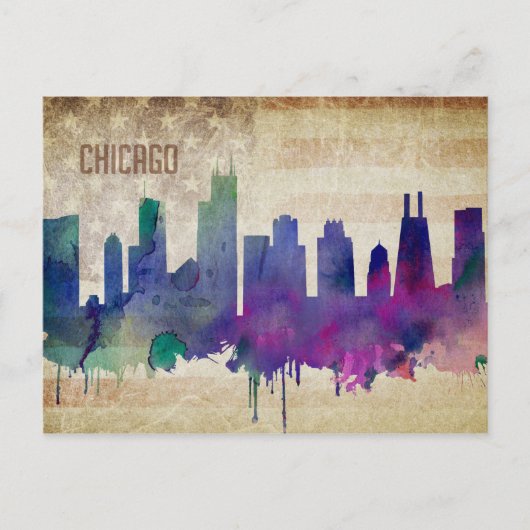 Chicago, IL | Waterverf City Skyline Briefkaart (Voorkant)