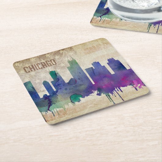 Chicago, IL | Waterverf City Skyline Kartonnen Onderzetters (Schuin)