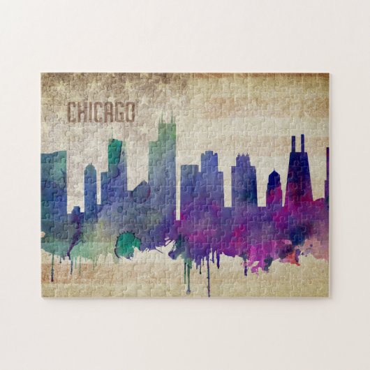 Chicago, IL | Waterverf City Skyline Legpuzzel (Horizontaal)