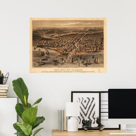 Chicago Illinois 1871 Antiek Panoramic Map Poster (Thuiskantoor)