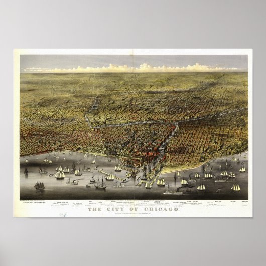 Chicago Illinois 1874 Antiek Panoramic Map Poster (Voorkant)