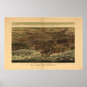 Chicago Illinois 1892 Antiek Panoramic Map Poster