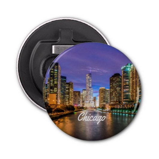 Chicago Illinois City bij nacht Button Flesopener (Voorkant)