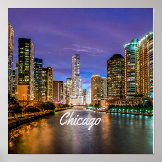 Chicago Illinois City bij nacht Poster (Voorkant)