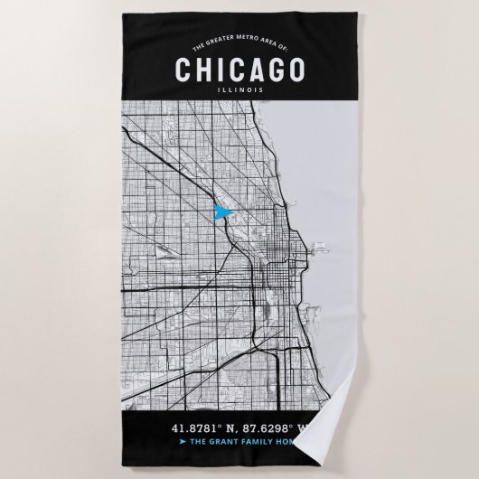 Chicago, Illinois City Map + Je aangepaste locatie Strandlaken (Voorkant)