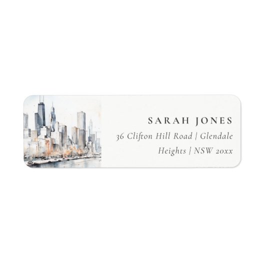 Chicago, Illinois City Scape Waterverf Adres Etiket (Voorkant)