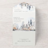 Chicago, Illinois City Scape Waterverf bruiloft All In One Uitnodiging (Buitenkant)