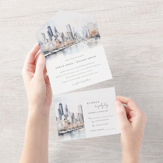 Chicago, Illinois City Scape Waterverf bruiloft All In One Uitnodiging (Afscheurbaar)