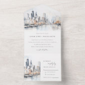 Chicago, Illinois City Scape Waterverf bruiloft All In One Uitnodiging (Binnen)