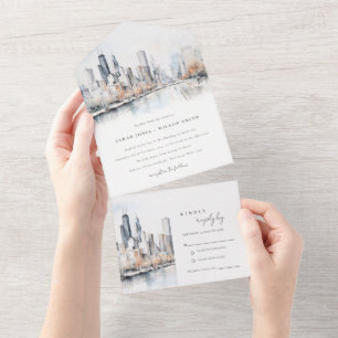 Chicago, Illinois City Scape Waterverf bruiloft All In One Uitnodiging