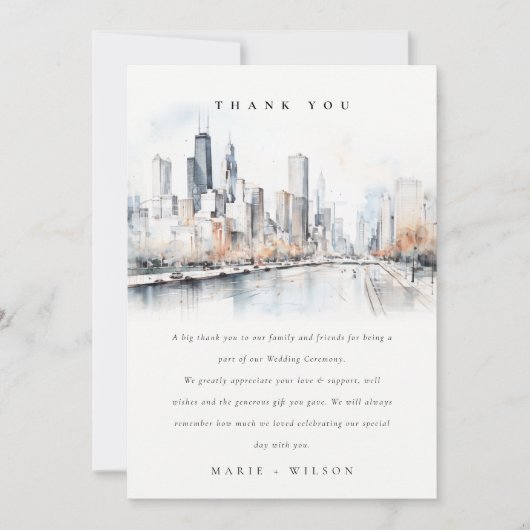 Chicago, Illinois City Scape Waterverf bruiloft Bedankkaart (Voorkant)