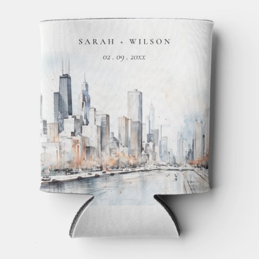 Chicago, Illinois City Scape Waterverf bruiloft Blikjeskoeler (Voorkant)