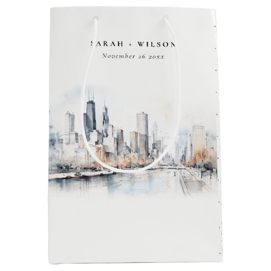 Chicago, Illinois City Scape Waterverf bruiloft Medium Cadeauzakje (Voorkant)