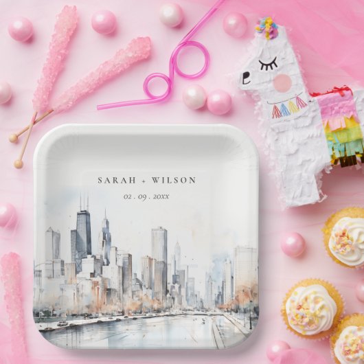 Chicago, Illinois City Scape Waterverf bruiloft Papieren Bordje (Feest)