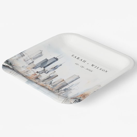 Chicago, Illinois City Scape Waterverf bruiloft Papieren Bordje (Gebogen)