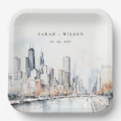 Chicago, Illinois City Scape Waterverf bruiloft Papieren Bordje (Voorkant)