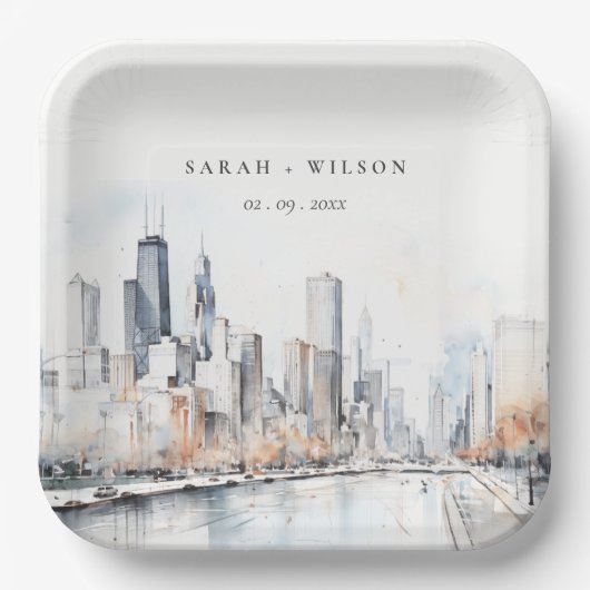 Chicago, Illinois City Scape Waterverf bruiloft Papieren Bordje (Voorkant)