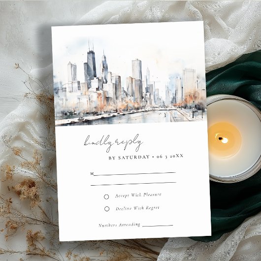 Chicago Illinois City Scape Waterverf bruiloft RSVP Kaartje