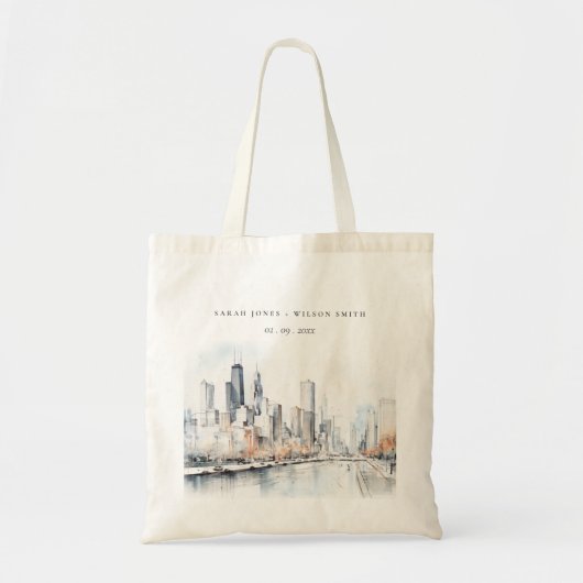 Chicago, Illinois City Scape Waterverf bruiloft Tote Bag (Voorkant)