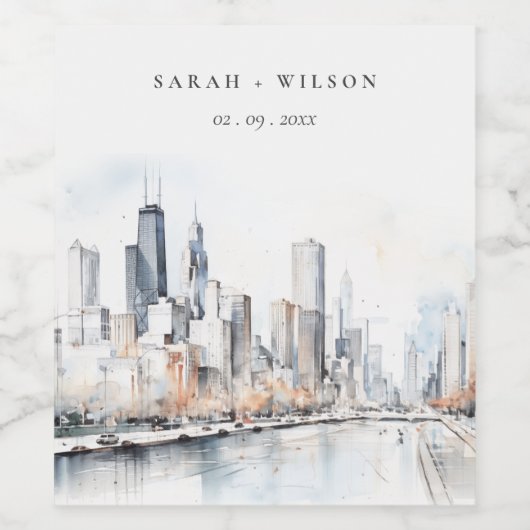 Chicago, Illinois City Scape Waterverf bruiloft Wijn Etiket (Enkel label)